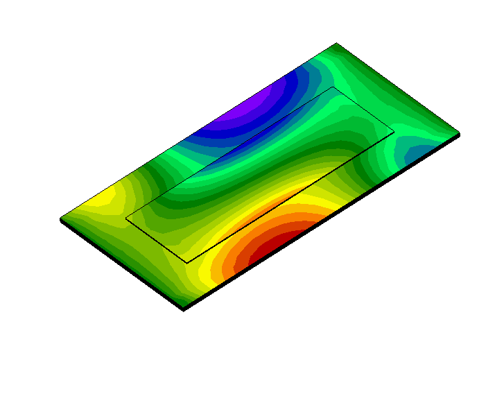 Composite laminate plate FEA stress contour plot showing peak stress at a cutout under load