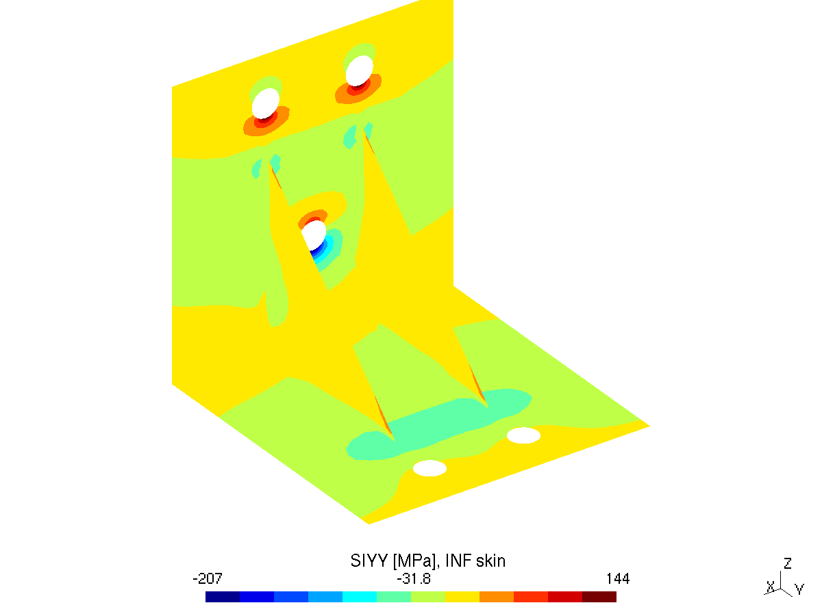 Vertical stress SIYY on the lower skin of the wall, -207 MPa at the lower edge of the lowest bolt hole