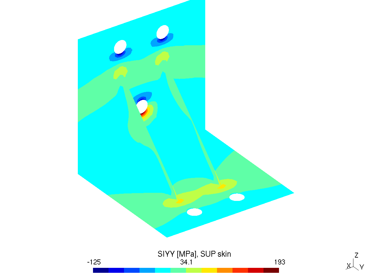Vertical stress SIYY on the upper skin of the wall, +193 MPa at the lower edge of the lowest bolt hole